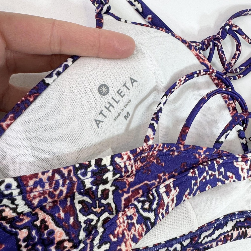 Athleta Bikini Top Womens Medium Purple Blue Strappy Back Padded Print Swimwear - Picture 4 of 8